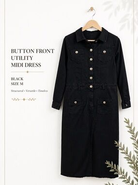 Black Button Front Utility Midi Dress Size M